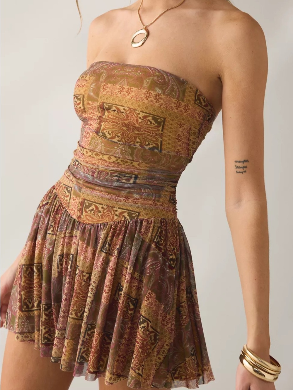 Urban Outfitters Strapless Paisley Mini Dress in Brown and Olive